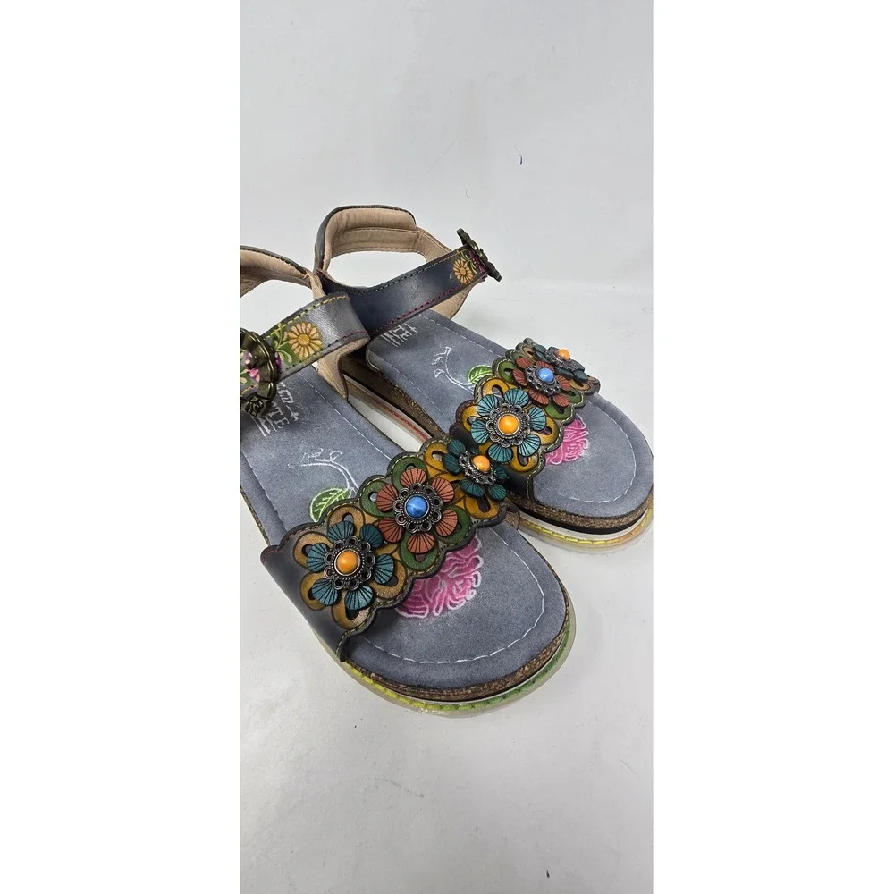 L'artiste By Spring Step women 38 Onyx-Grym wedge sandal leather floral NO BOX